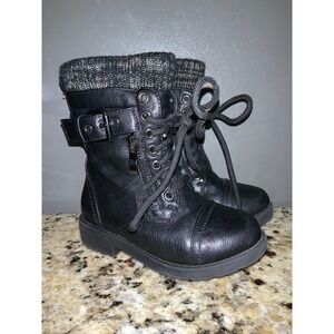 Kids Black Combat Boots with Knit Sock Cuff Buckle Zip Lace Up Size 8
